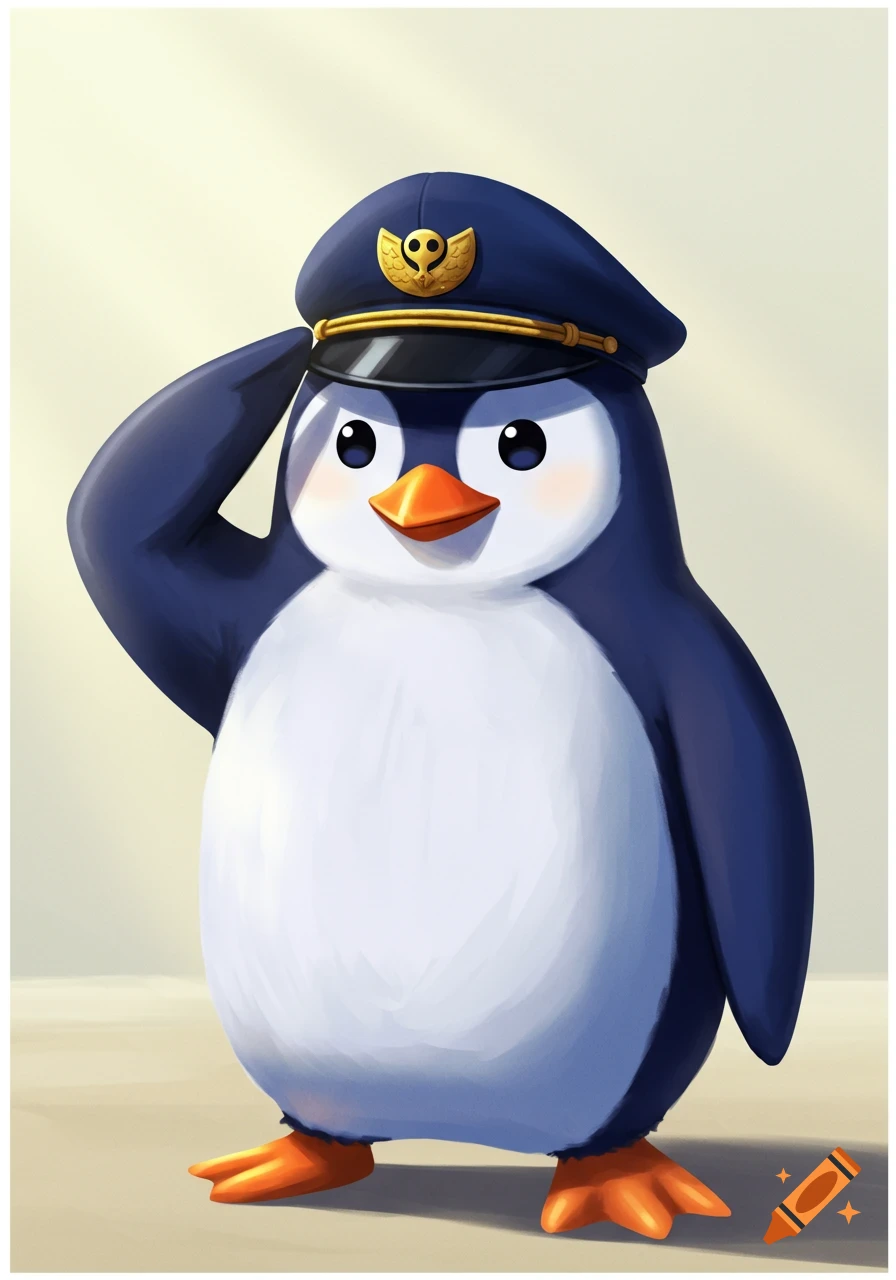 A confident cartoon penguin in a navy blue captain's hat with a golden emblem salutes, a 2D digital illustration in clean anime style.