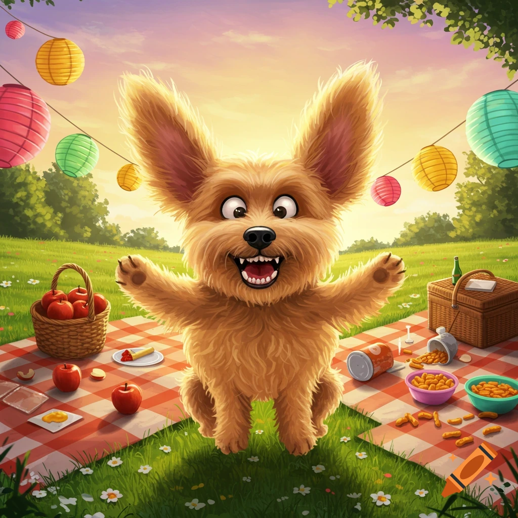 A funny cartoon dog with huge ears and a wide smile sits on a picnic blanket with food, baskets, and colorful lanterns in a sunny park.