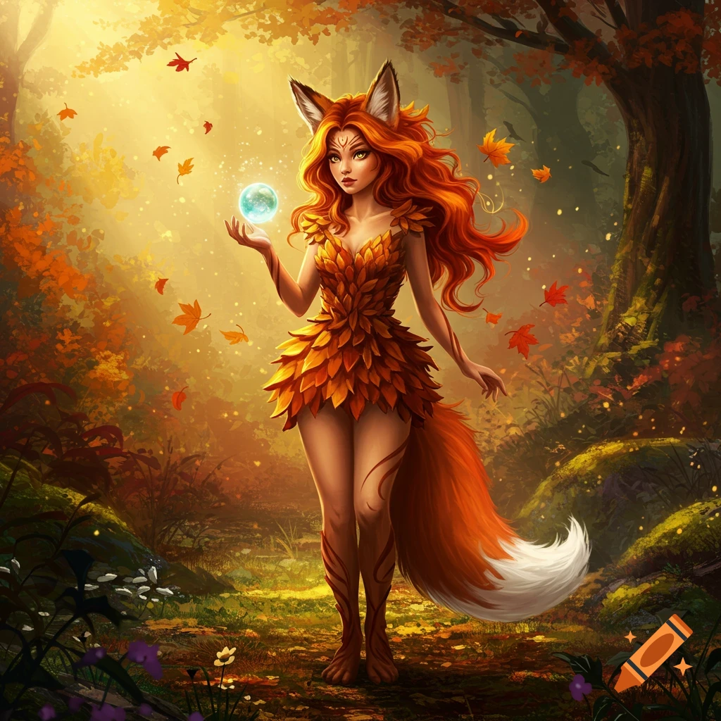 A fantasy fox girl with long red hair, fox ears, and a leaf dress holds a glowing orb in an autumnal forest with falling leaves.