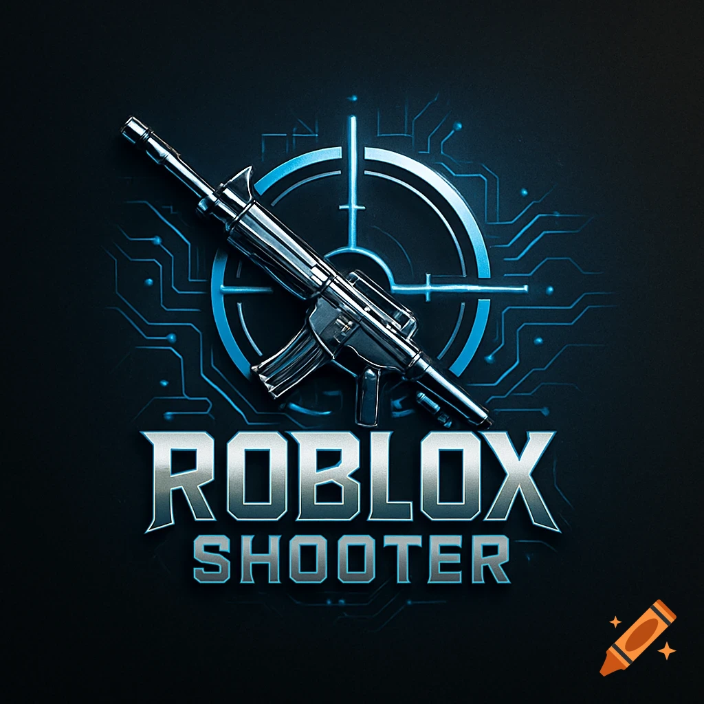 A chrome rifle over a blue circuit board target logo for 'ROBLOX SHOOTER' game.