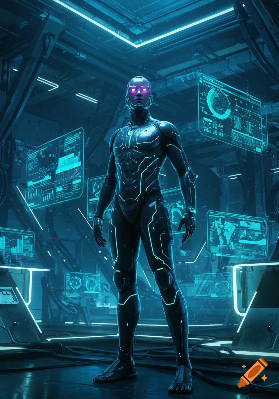 A sleek, black futuristic humanoid figure with glowing purple eyes stands in a dark, high-tech control room filled with glowing blue screens and neon lights.
