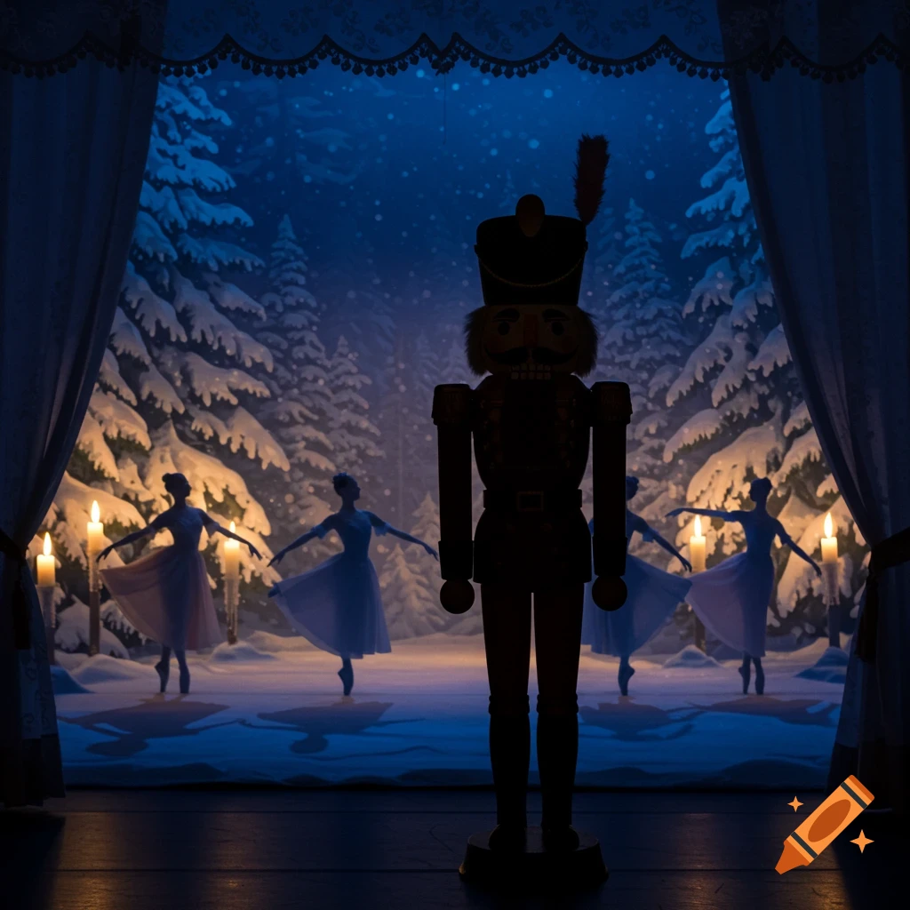 A silhouetted nutcracker soldier stands on a stage before a winter forest backdrop with ballet dancers and glowing candles.