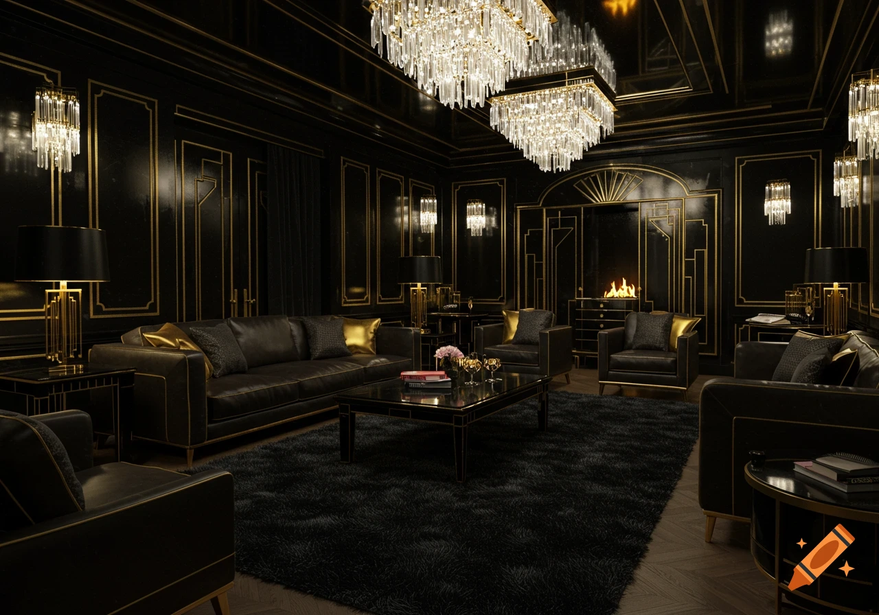Lavish Art Deco living room with black lacquered walls, gold trim, crystal chandeliers, dark furniture, and a fireplace.