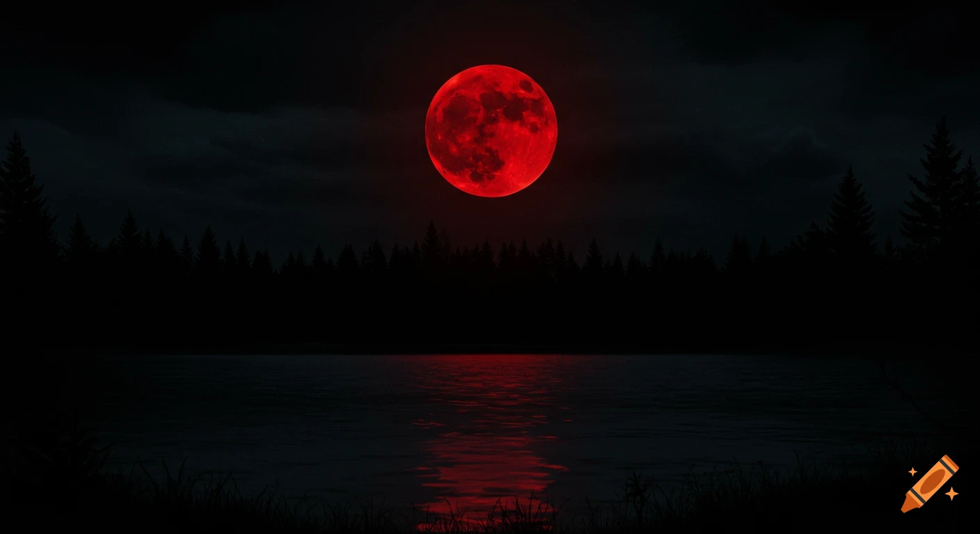 A bright red blood moon hangs over a dark lake, reflecting on its surface, silhouetted by pine trees on a starless night.