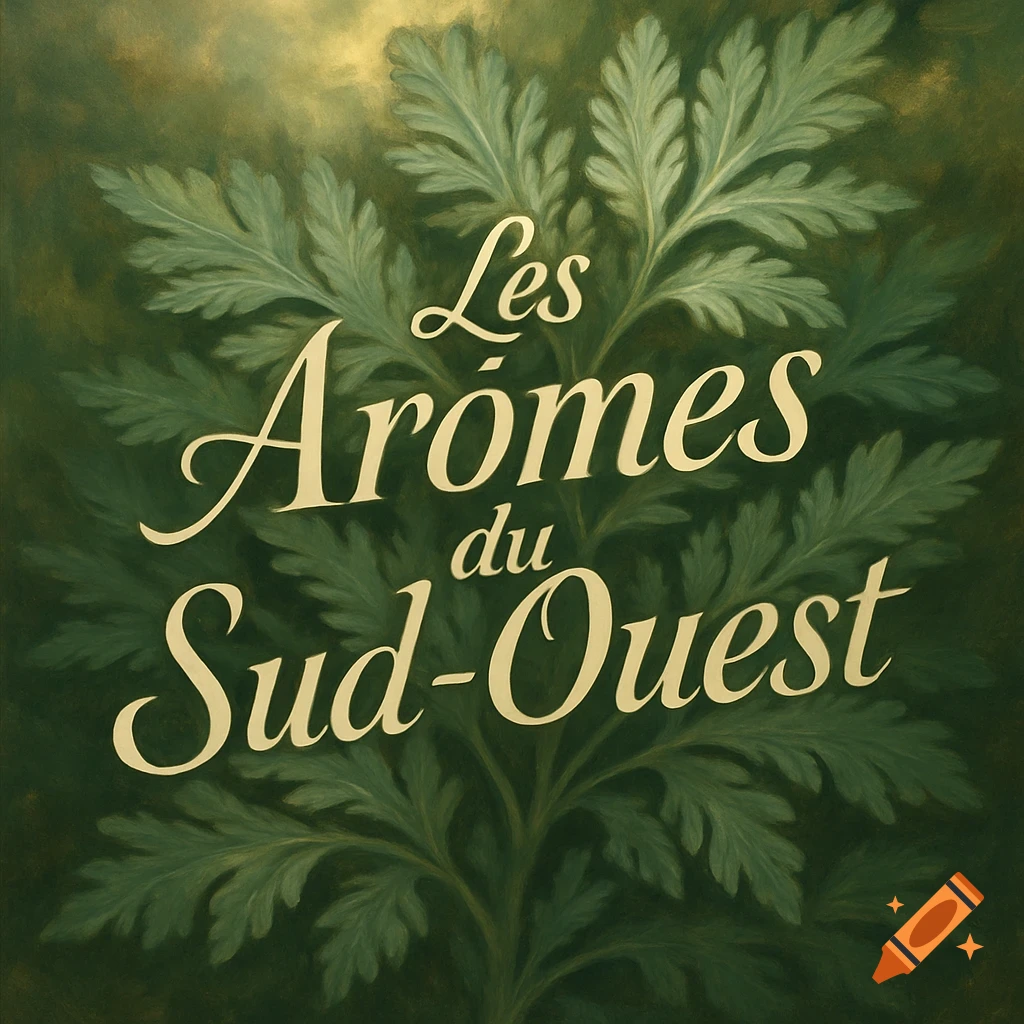Stylized painting of green absinthe leaves with cream-colored text 'Les Ar ômes du Sud-Ouest' on a dark green background.
