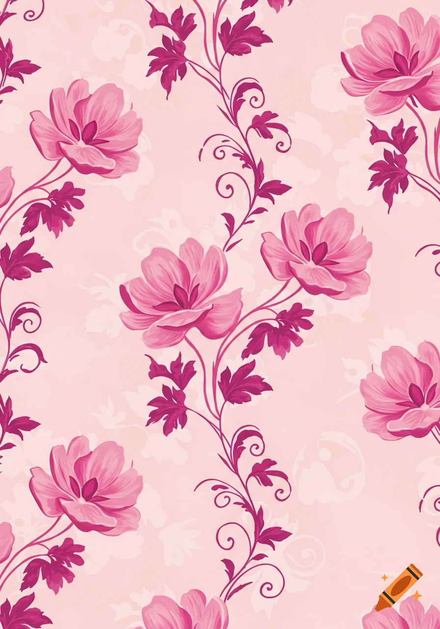 A seamless floral pattern featuring pink flowers with magenta leaves and vines on a light pink background.