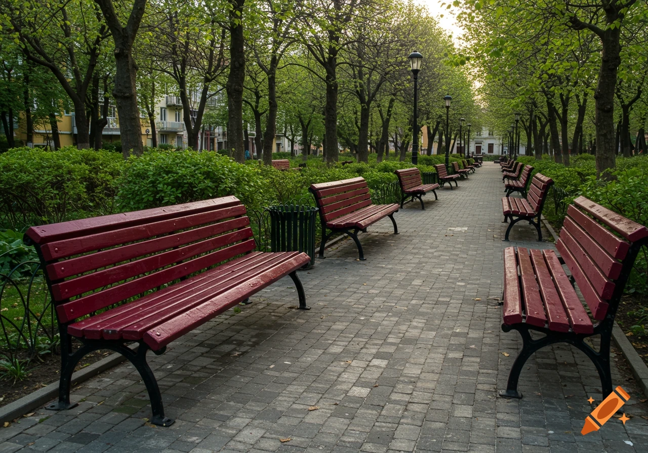 A paved park pathway lined with bright red wooden benches and lush green trees and bushes under an overcast sky.