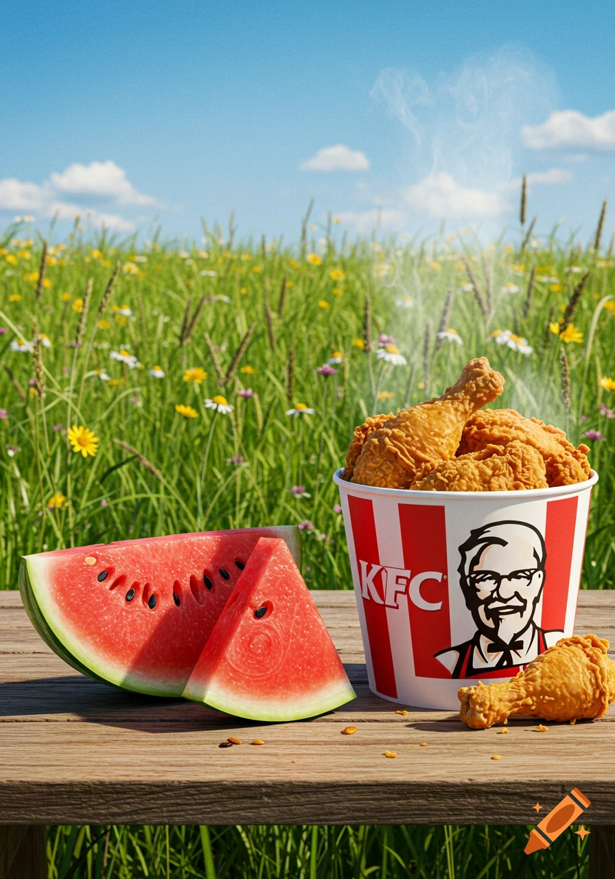 Photorealistic image of a KFC bucket filled with fried chicken and two watermelon slices on a wooden table in a sunny wildflower field.