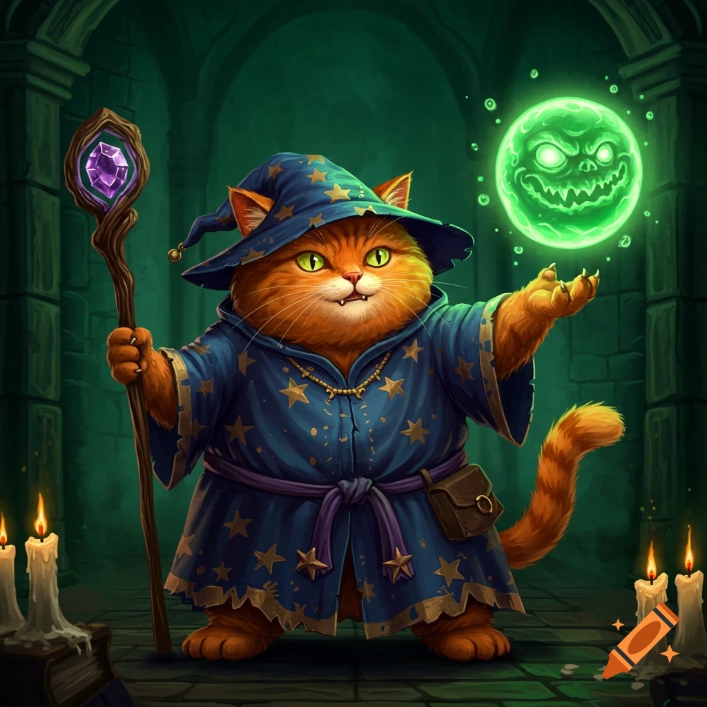A chubby orange cat wizard with green eyes stands in a dark stone chamber, holding a staff and conjuring a menacing glowing green orb. Digital art.