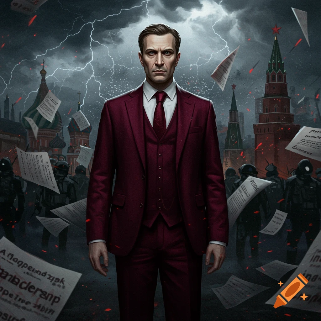 A stern man in a red suit stands among flying papers and armed figures, against a stormy sky with lightning and Russian architecture.