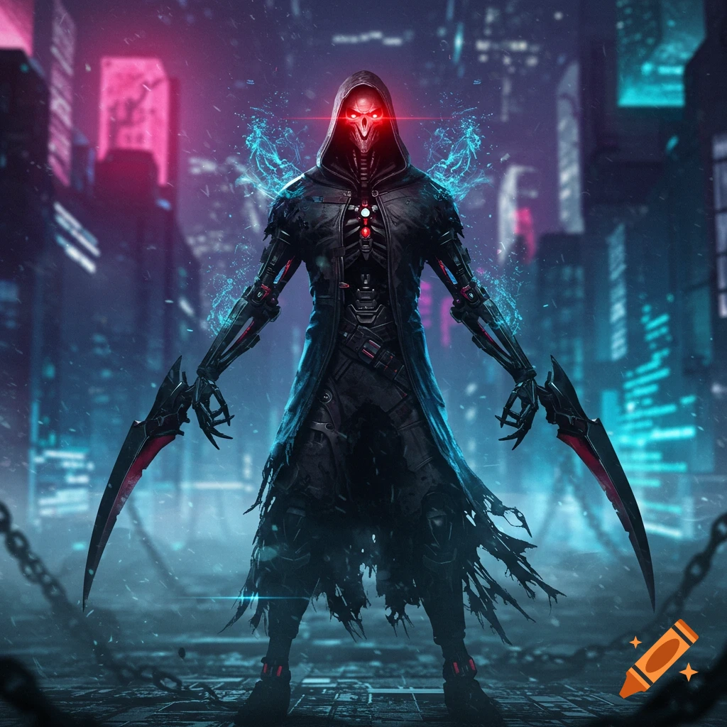 A menacing, hooded cybernetic reaper character stands in a dark, neon-lit cyberpunk city, holding two bladed weapons.