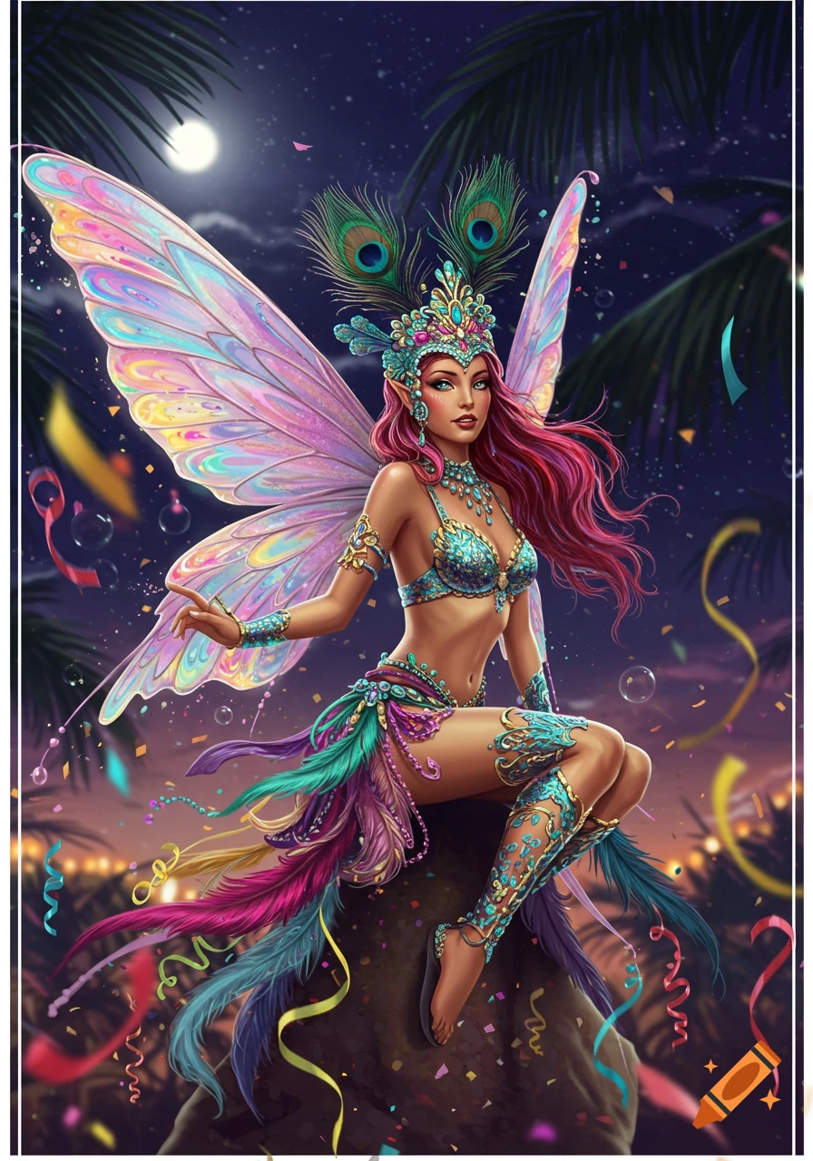 A vibrant illustration of a fairy with pink hair, iridescent wings, and a feathered carnival costume, sitting under a full moon with confetti falling.