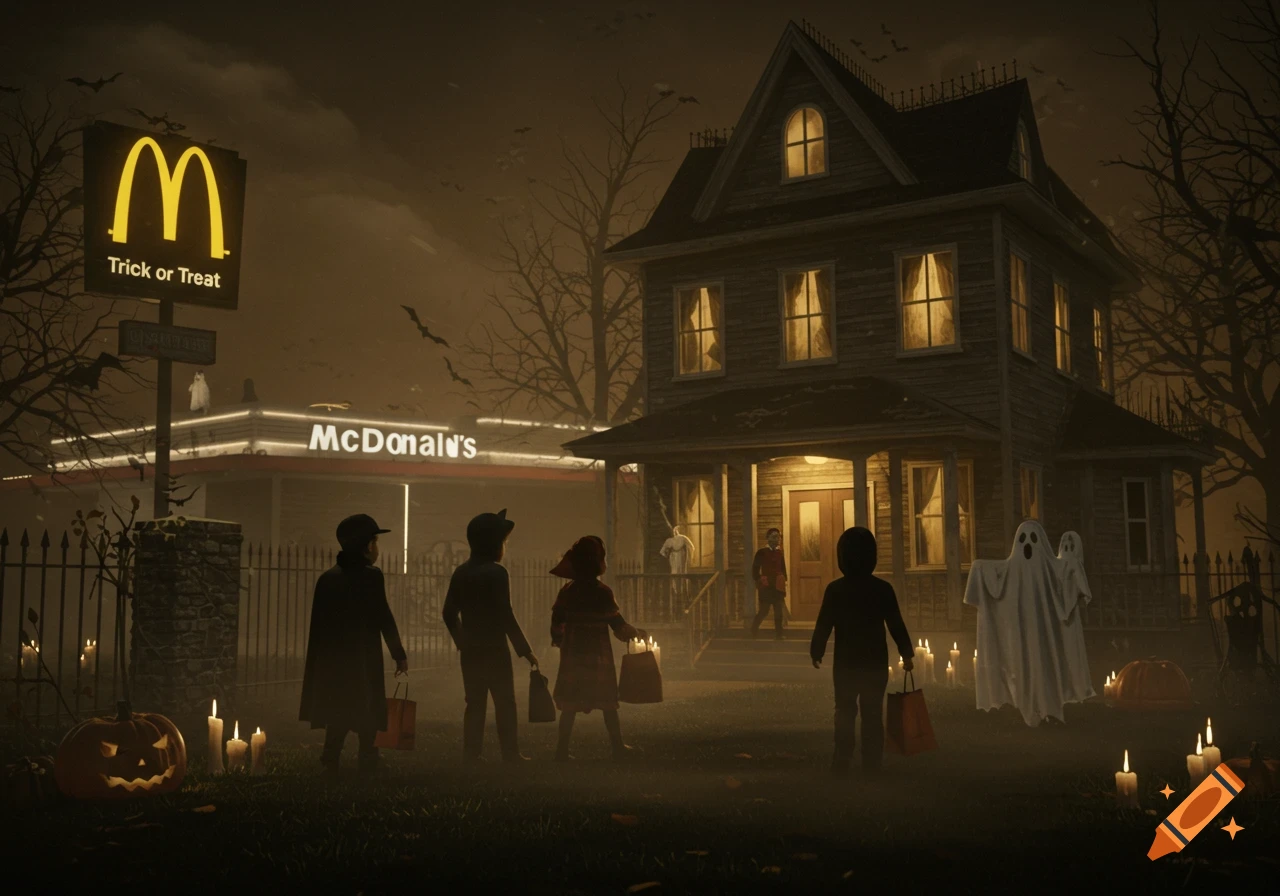 Silhouetted children trick-or-treating in front of a haunted house and a glowing McDonald's, surrounded by pumpkins and candles on a misty Halloween night.