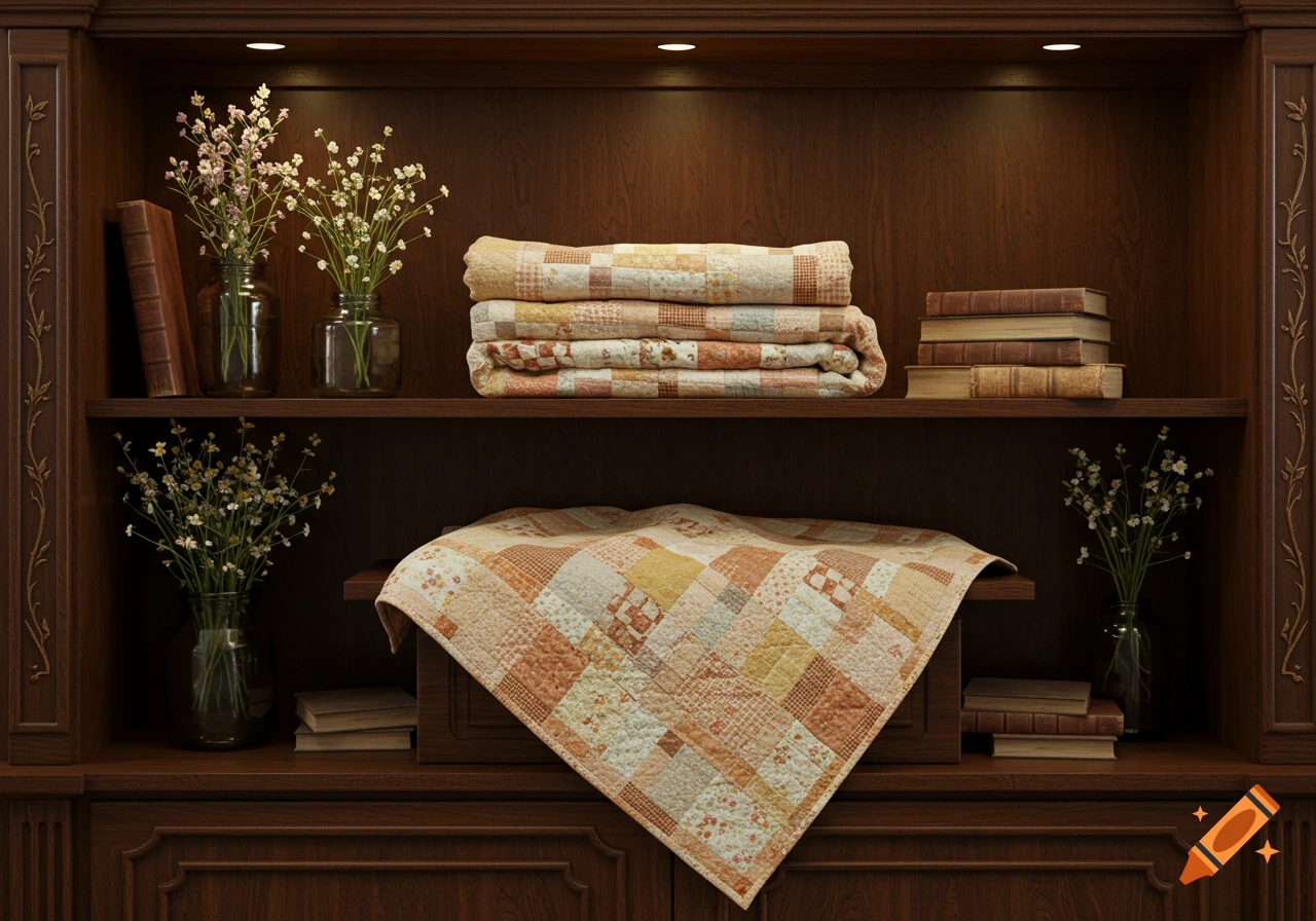 A photorealistic image of a richly detailed wooden bookshelf displaying folded and draped patchworked quilts, vases of flowers, and stacked books.