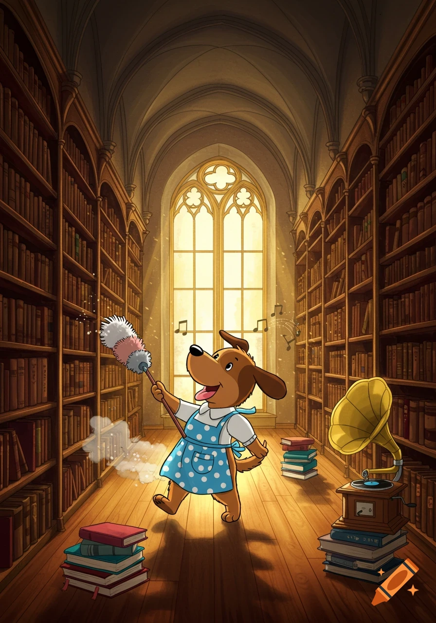 A cheerful cartoon dog in a blue apron dusts a grand library, with musical notes floating around and a gramophone nearby.