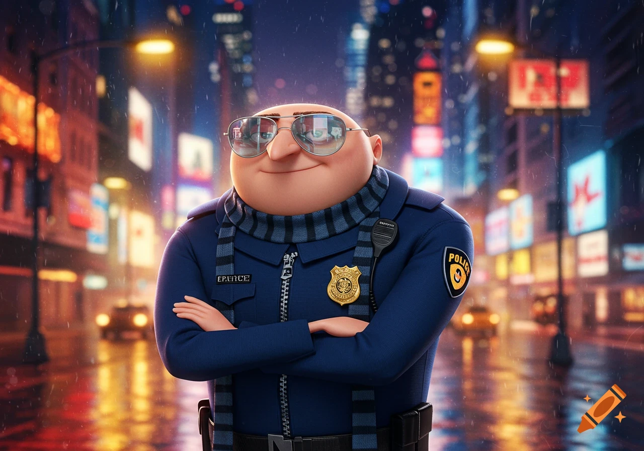 Animated Gru from Despicable Me as a police officer in a blue uniform and striped scarf, standing on a rainy city street at night.
