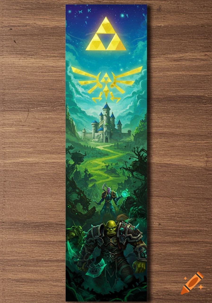 Fantasy art bookmark showing Zelda's Triforce and Hyrule Castle above a corrupted forest with WoW-style orc and elf characters.