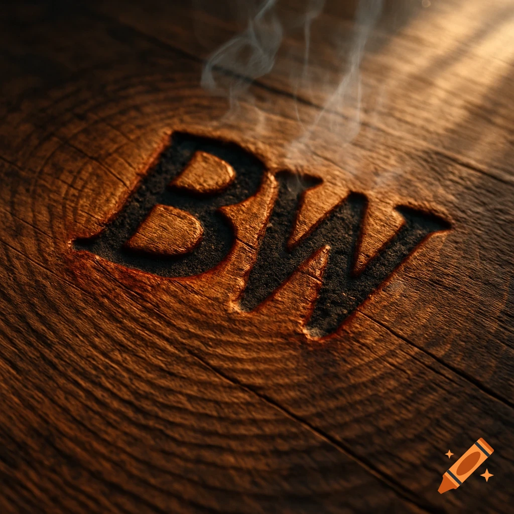 The letters BW are carved into a rustic wooden surface with smoke rising, bathed in warm light.