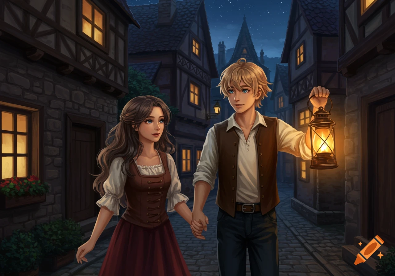 Anime-style illustration of a young couple holding hands, walking at night through an old town street. The man holds a lantern.