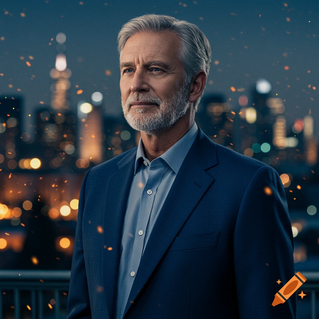 Photorealistic portrait of a distinguished older man in a suit, standing before a city skyline at dusk with glowing orange particles.