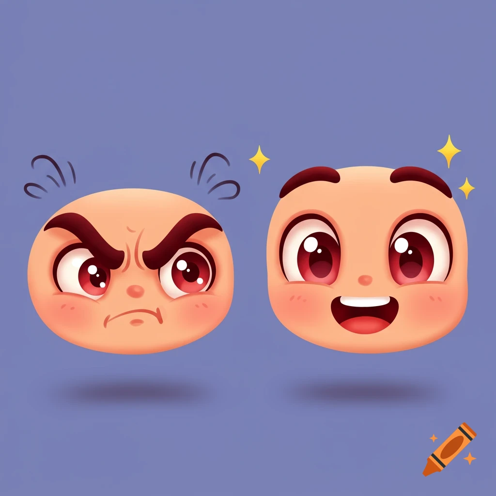 A split image showing two cartoon faces, one angry with furrowed brows and one happy with wide eyes and a smile, on a blue background.