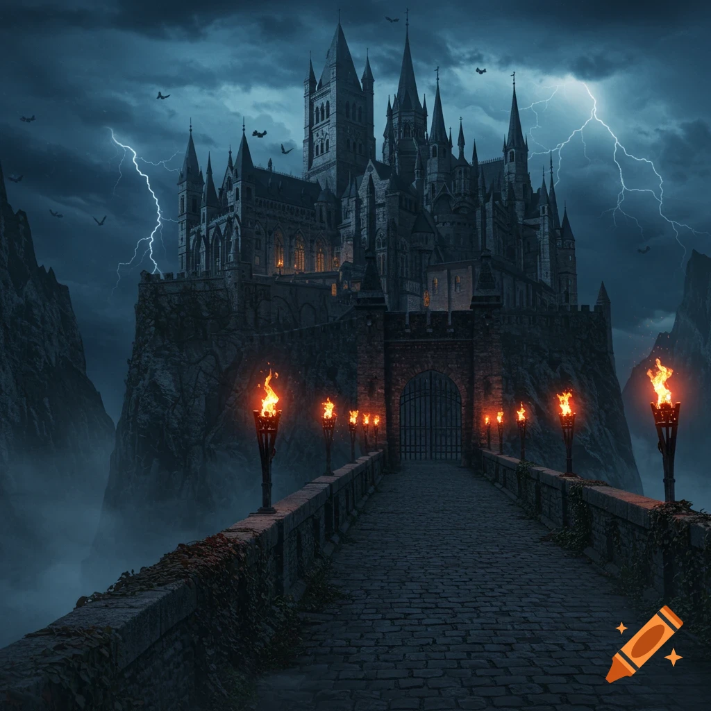 A grand, ominous gothic castle on a cliff, illuminated by lightning and torchlight, on a stormy night.