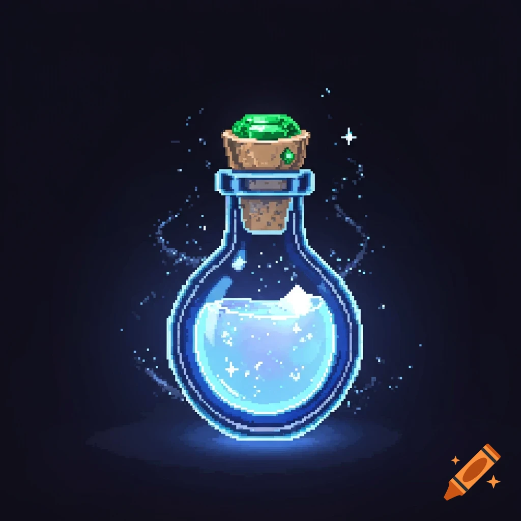 A glowing blue pixel art potion in a glass bottle with a cork and green gem against a dark background.