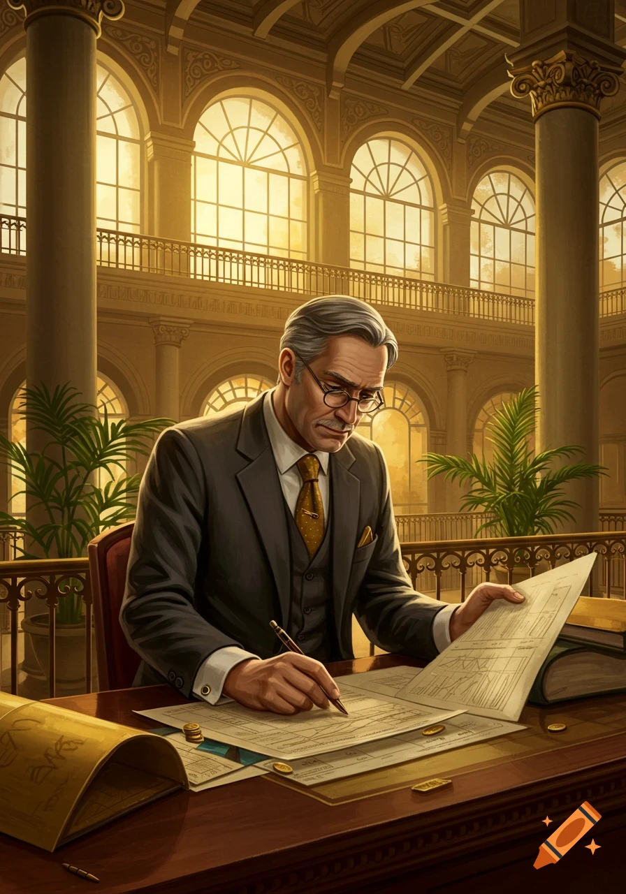 A well-dressed man in a grand, sunlit hall works at a wooden desk, writing on documents with a pen. Photorealistic style.