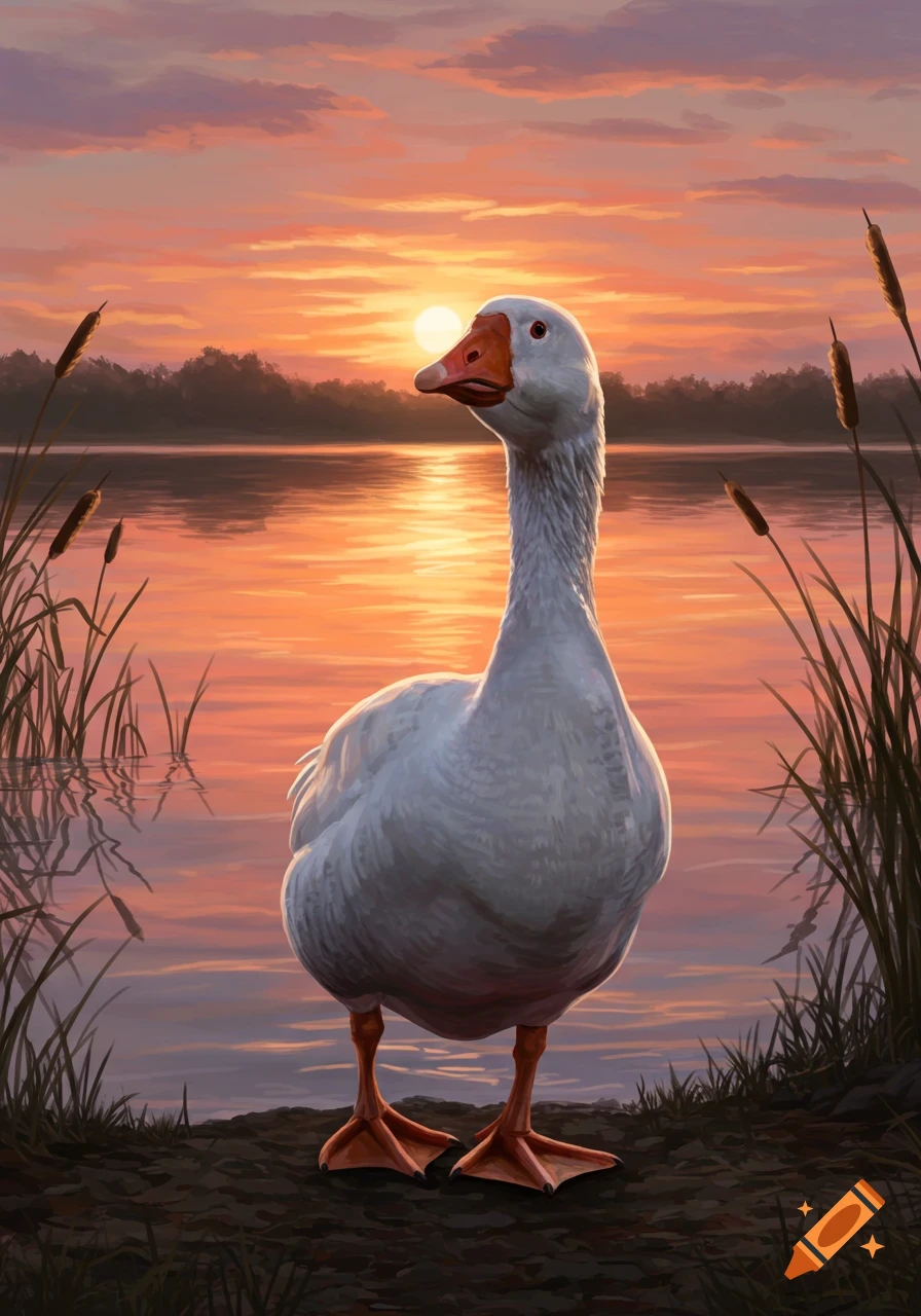 An illustrated white goose stands on a lake's shore at sunset, with warm orange and purple sky reflecting on the water, surrounded by reeds.