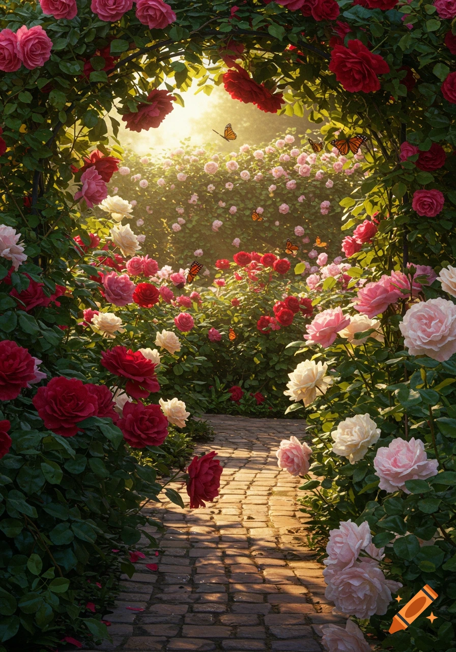 A beautiful sunlit rose garden with red, pink, and white roses, a brick path, and butterflies.