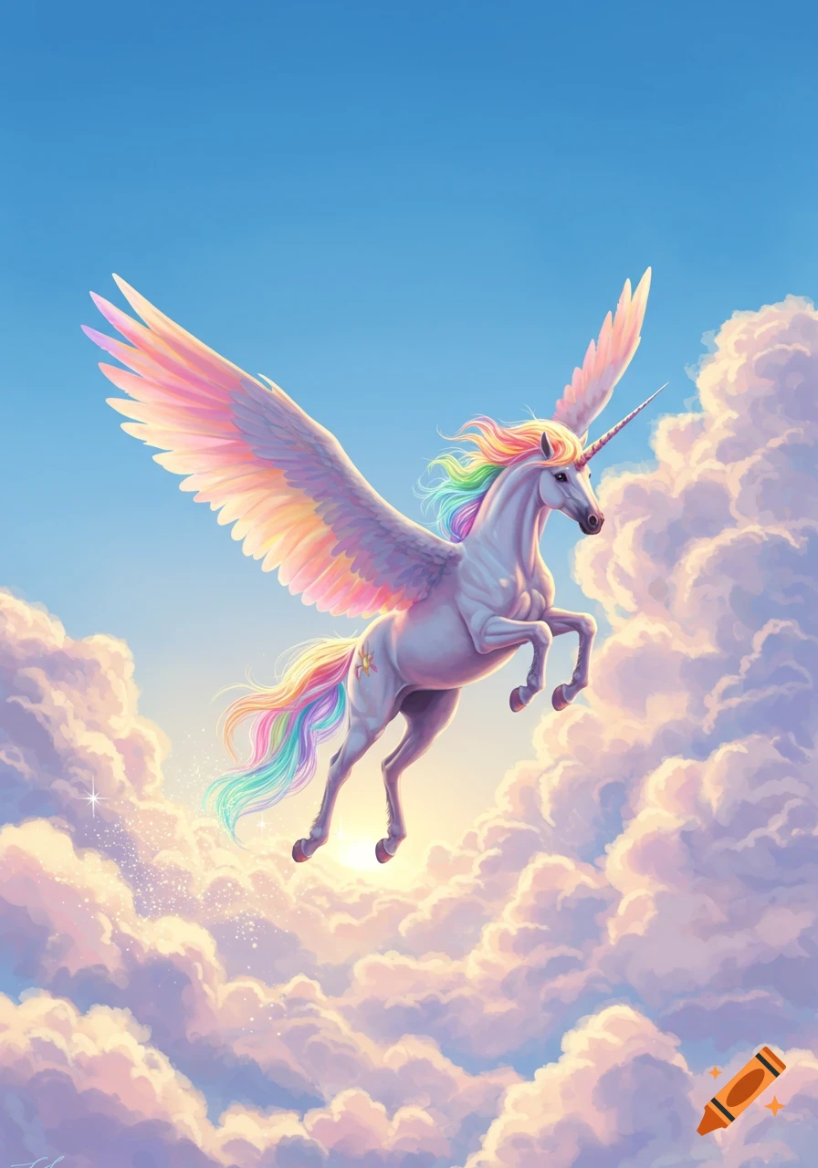 A magnificent white winged unicorn with a rainbow mane and tail soars gracefully through soft, pastel-colored clouds in a vibrant blue sky.