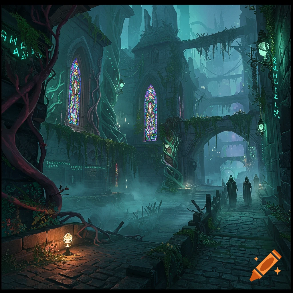 A dark fantasy concept art of an overgrown, ruinous gothic castle with colorful stained-glass windows, fog, and robed figures.