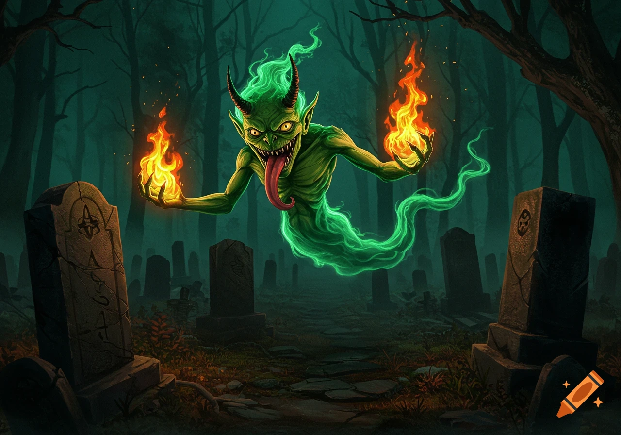 A vibrant green horned demon-like creature with a long tongue floats in a dark, misty graveyard, wielding fire in its hands.