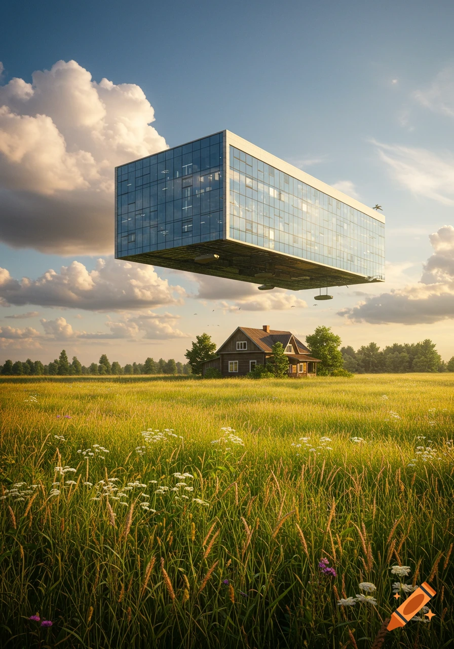 A modern glass building floats above a traditional house in a vast green field under a cloudy sky, photorealistic style.