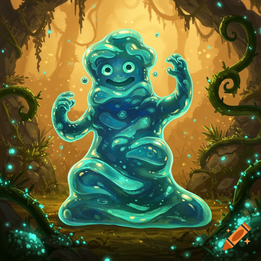 A friendly, glowing blue-green slime monster with big eyes and a smile sits in a magical, glowing jungle.