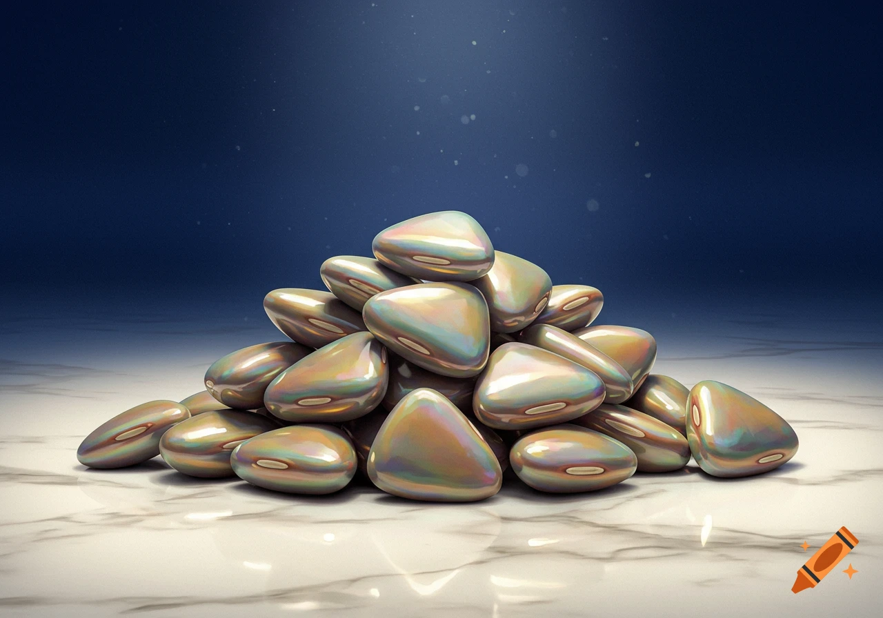 A pile of iridescent, pearlescent objects resembling smooth triangular beans on a shiny marble surface with a dark blue gradient background.