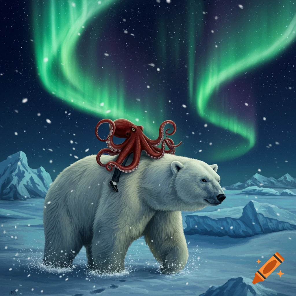 A whimsical illustration of a red octopus riding a white polar bear through a snowy arctic scene under green aurora lights.