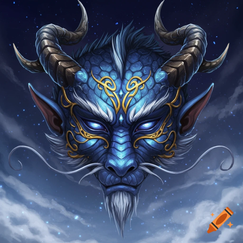 A detailed blue dragon's head with glowing eyes and golden patterns against a starry night sky.