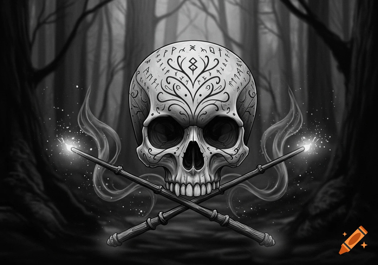 Black and white stylized skull with intricate patterns, crossed glowing magic wands, and smoky effects in a dark forest.