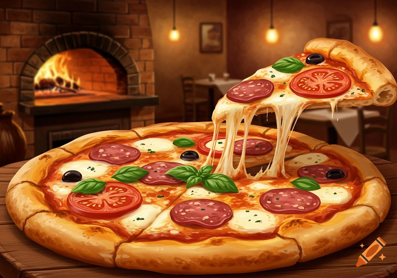 Stylized illustration of a delicious pizza with a lifted slice showing melted cheese pull, pepperoni, tomatoes, basil, and olives, in a warm restaurant with a brick oven.