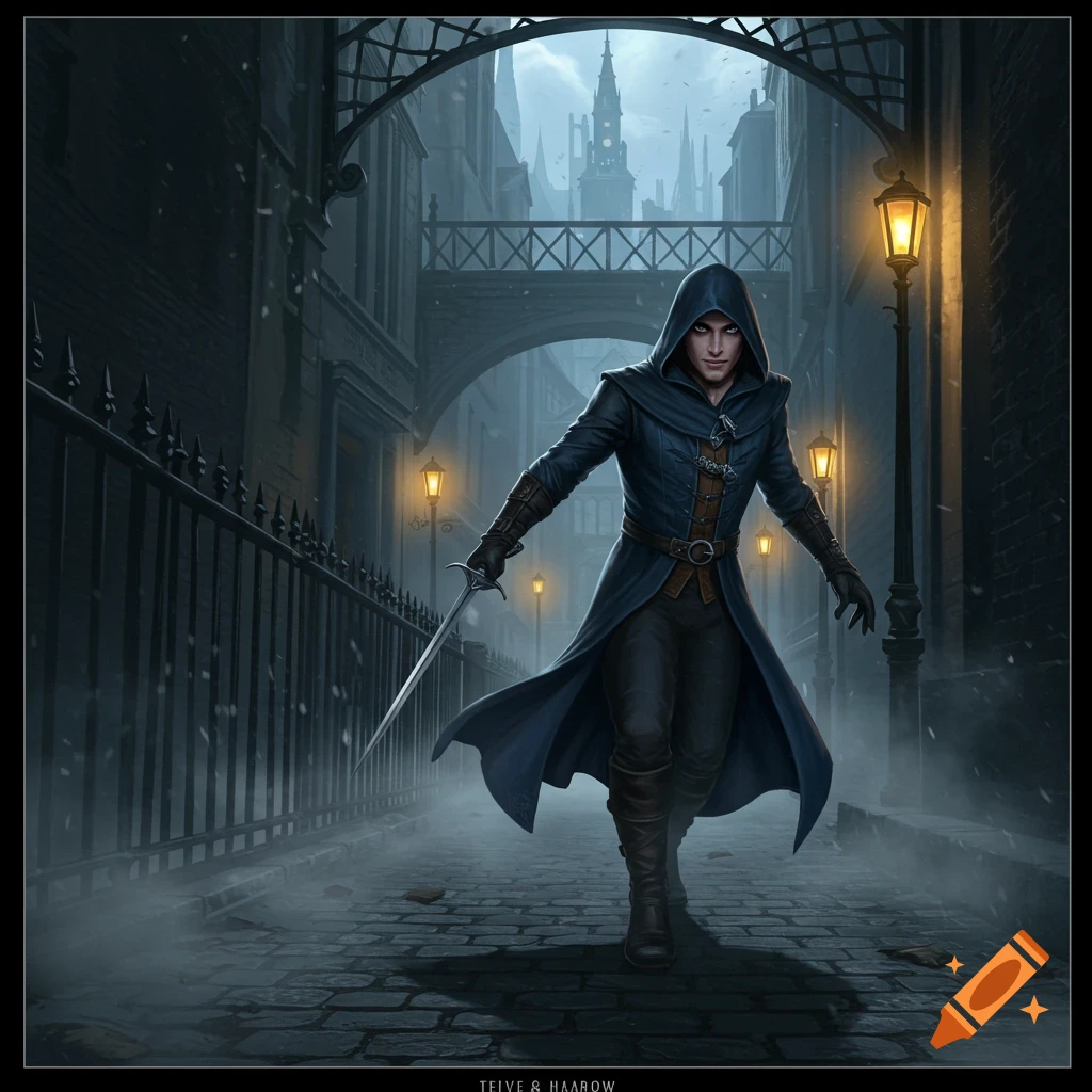 A hooded figure in a dark blue coat holds a sword in a misty, gaslit alleyway of a gothic city.