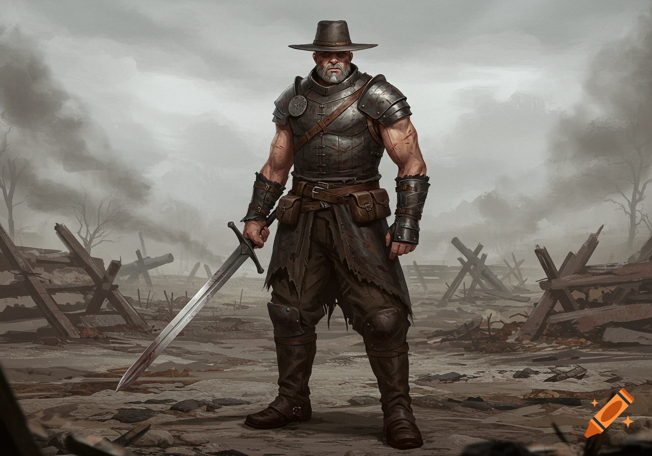 A gruff, armored mercenary with a beard stands holding a blood-stained sword in a desolate, smoky battlefield. Digital art.
