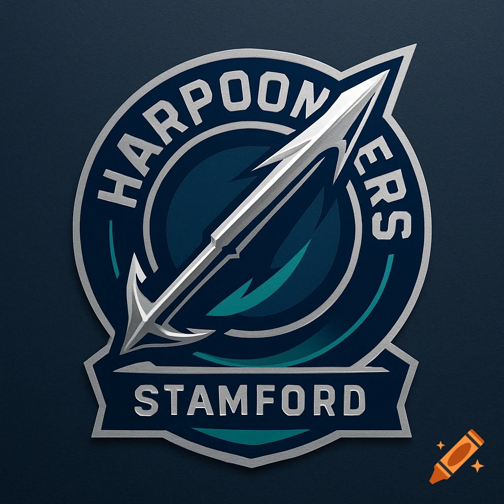A stylized blue and silver logo for the "Stamford Harpooners" featuring a large, metallic harpoon across a dark blue circular emblem with teal accents.
