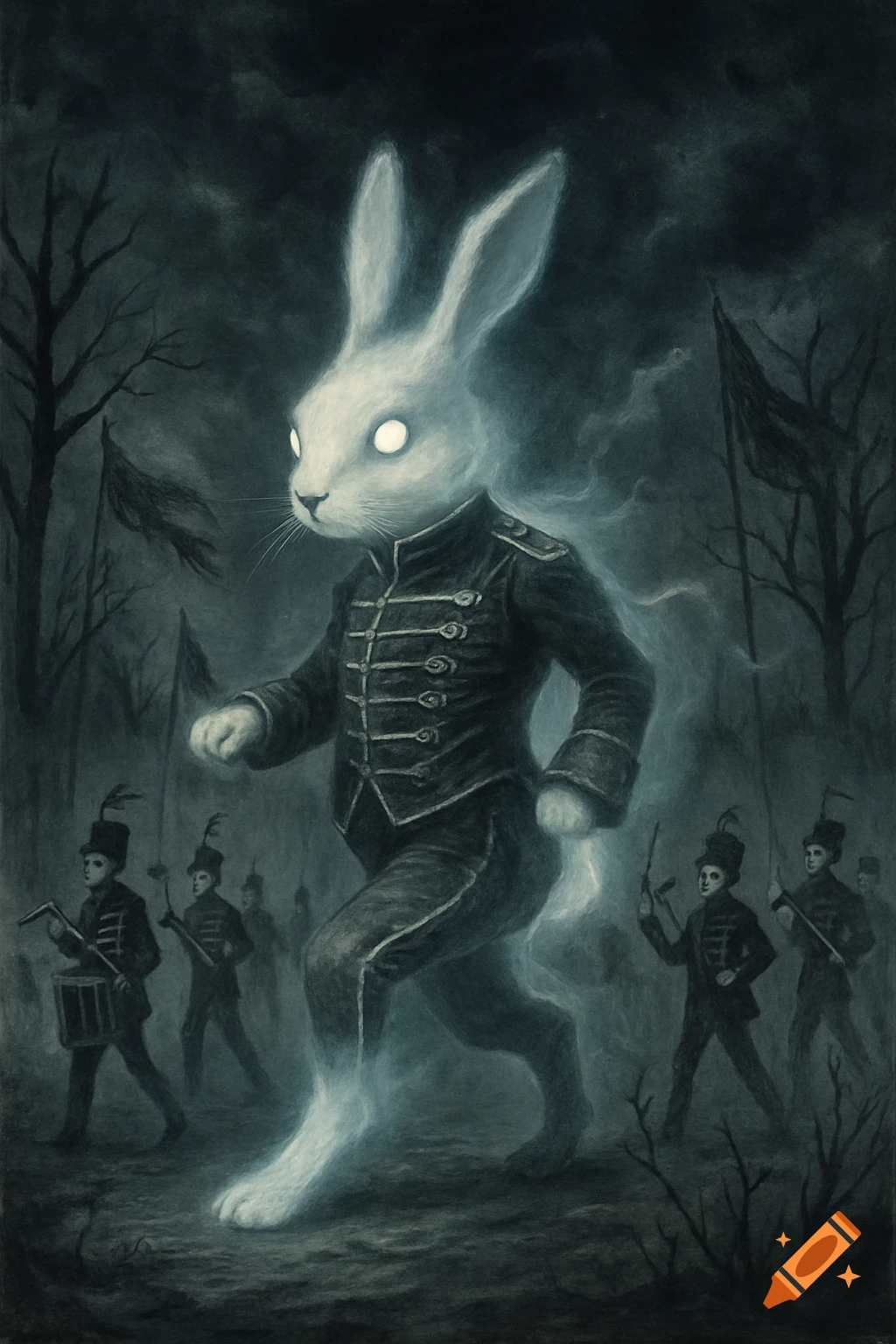 A ghostly white rabbit in a dark military uniform marches through a misty forest, followed by smaller masked figures.