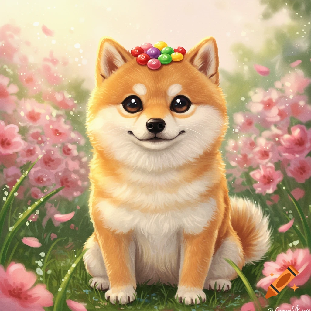 Cute Shiba Inu with colorful candies on its head, smiling brightly in a field of pink flowers with sunlight and falling petals, digital art.