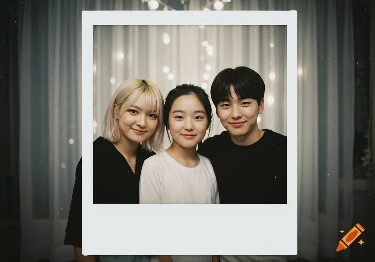 A smiling trio of young people, two women and one man, captured in a polaroid photo with blurred background lights.