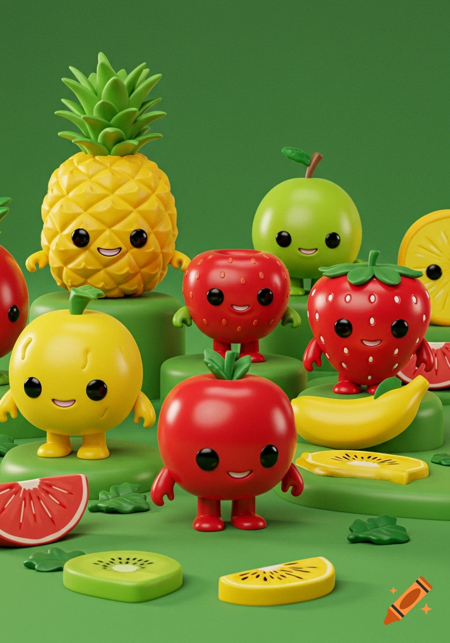 A collection of cute 3D-rendered fruit figurines, including a pineapple, strawberries, and other fruits, with big eyes and smiles, on a green background.