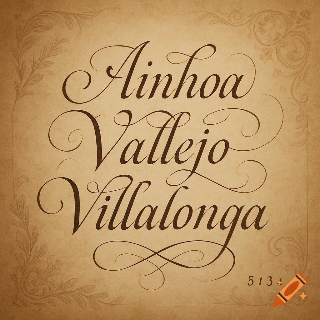 Elegant brown calligraphy 'Ainhoa Vallejo Villalonga' on vintage parchment with floral borders and the number 5134.