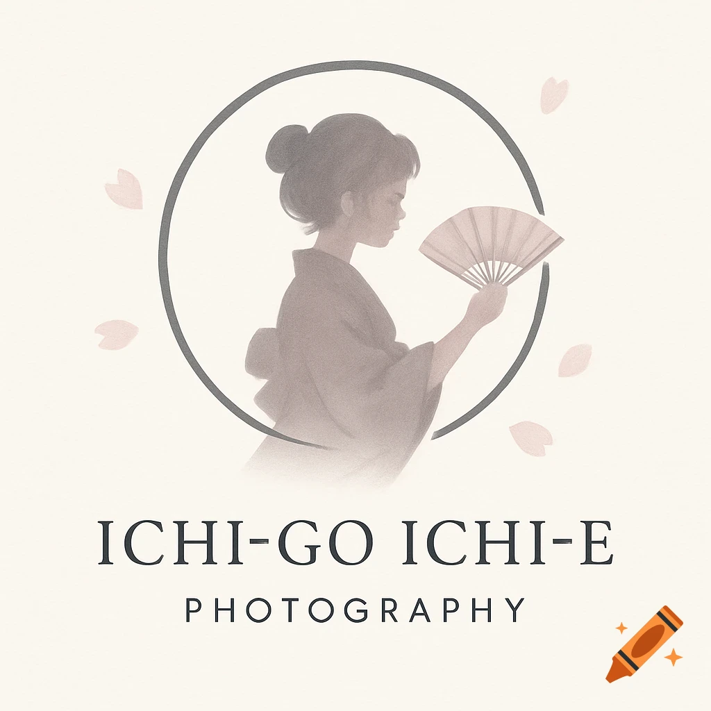 Stylized logo with a Japanese girl in a kimono holding a fan within a circle, with text 'ICHI-GO ICHI-E PHOTOGRAPHY' below.