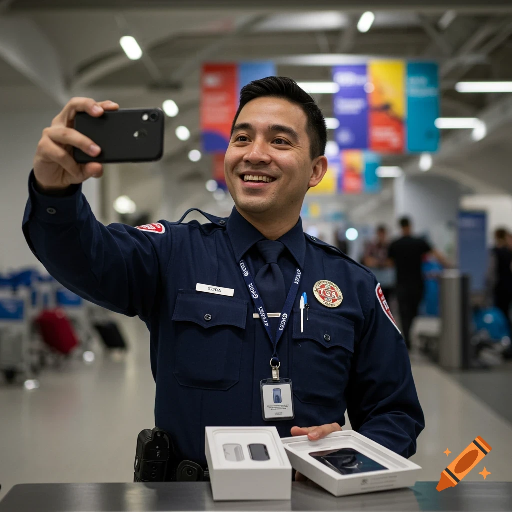 A smiling TSA agent in uniform takes a selfie with a new smartphone while unboxing other electronics at an airport.